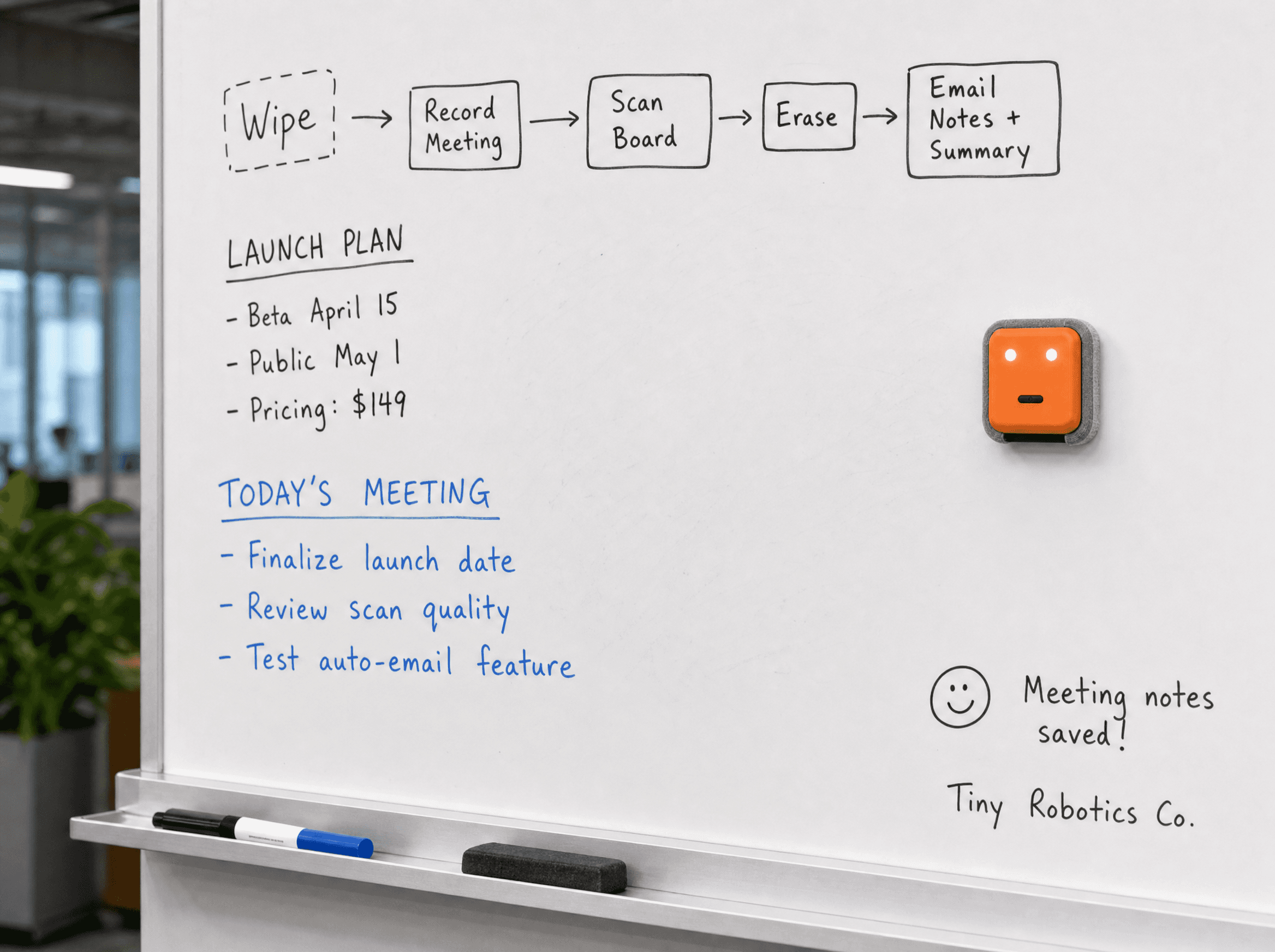 Wipe clinging to a whiteboard, gliding across it mid-wipe, with a freshly cleared arc behind it